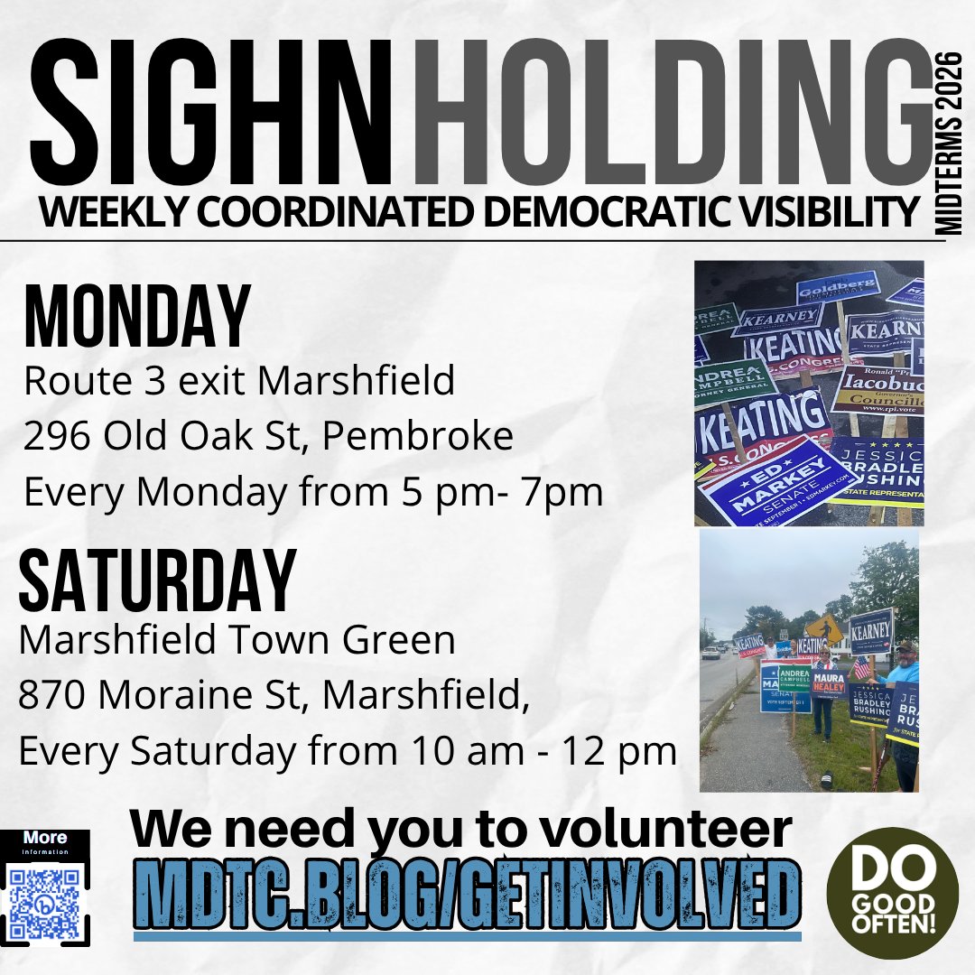 marshfielddtc's tweet photo. The Marshfield Democratic Town Committee kicks off the coordinated campaign sign holding for Democratic candidates this Monday at the Marshfield off-ramp at Route 3. For more information, visit https://t.co/2tI5sZBu0x or scan the QR code. https://t.co/9vZZYD71HR