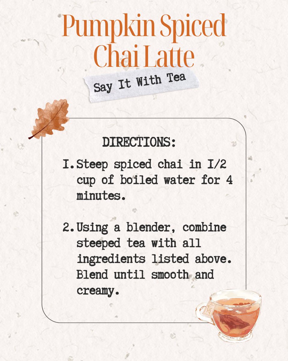 TeaCouncil's tweet photo. For all the true Pumpkin Spice Latte lovers who kicked off fall back in August… we see you and wonder if you are looking to change things up a bit by using a chai blend as the base for your pumpkin spiced latte. Spicy, cozy and the perfect fall upgrade. Enjoy hot or iced. https://t.co/X2UuJXEQbk
