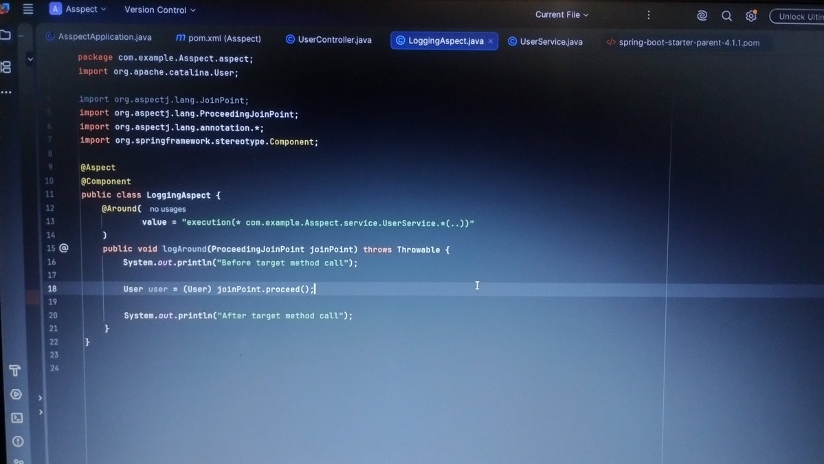 SwainShubh's tweet photo. Day 114 of java ๐
Today I learn
โ
Around annotation in AOP
โ
modify arguments
#java #javadeveloper #spring #springboot https://t.co/A84mk3CE5z