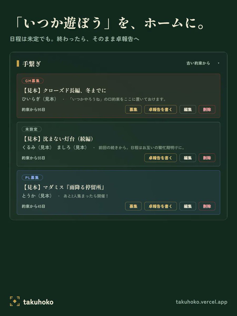 takuhoko's tweet photo. 「いつか遊ぼう」の口約束、メモに書いても見落としてしまう方へ。

takuhokoの手繋ぎは、約束をホームに置いておけます。相手とシナリオだけで置けるので、日程が決まっていなくても大丈夫。開くたびに目に入ります。
卓が終わったら、その手繋ぎからそのまま卓報告に移せます。
https://t.co/E4cBvgMvAj