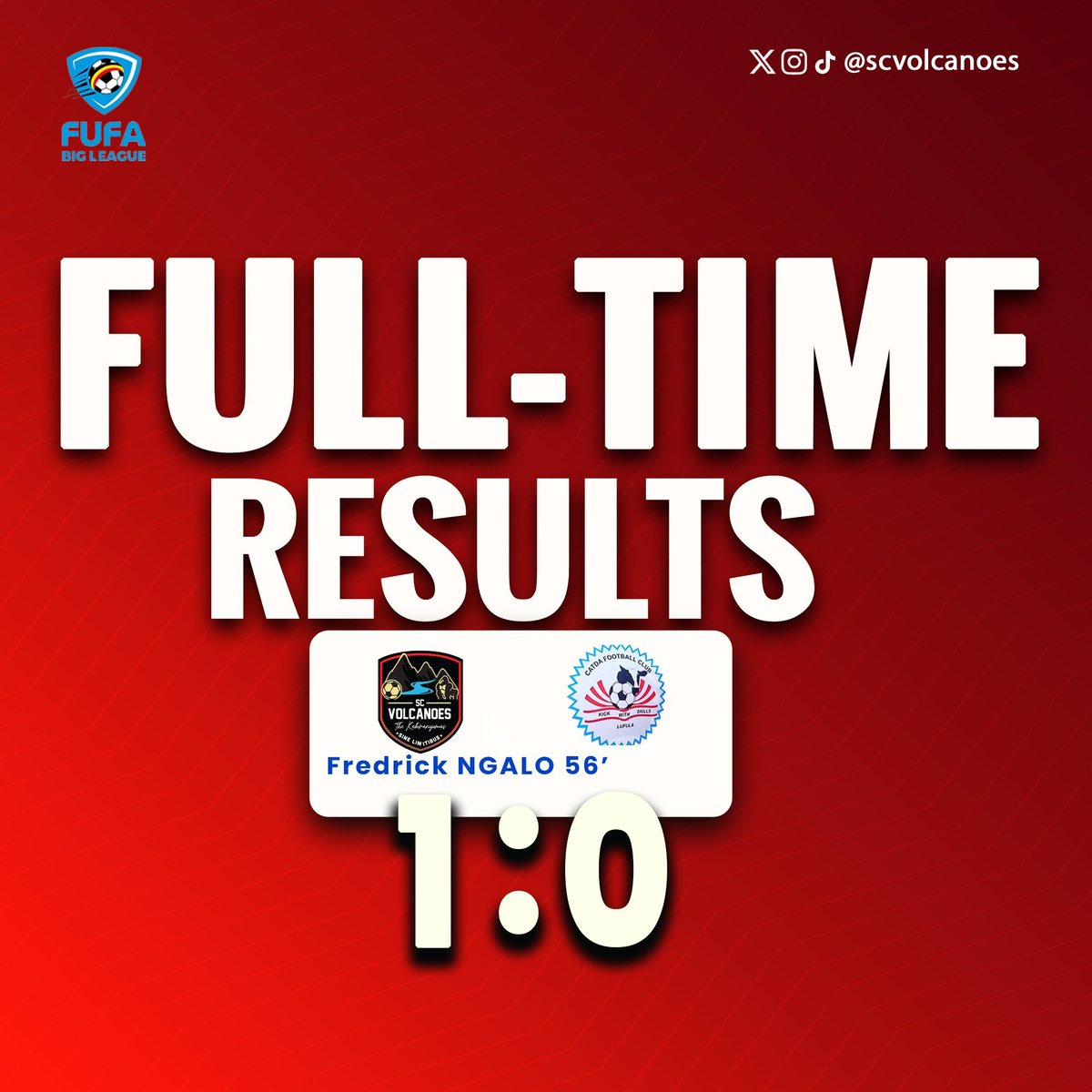 Chosensports433's tweet photo. SC VOLCANOES ERUPT! ππ₯
SC Volcanoes 1-0 CATDA FC at St. Paul Mutolere SS Playground!
3 points, clean sheet, and the volcano is heating up in the FUFA Big League! π₯
The mountain is shaking β who stops them next?
#FUFABigLeague #SCVolcanoes #KisoroToTheTop #ChosenSports https://t.co/hP2LsubxPw