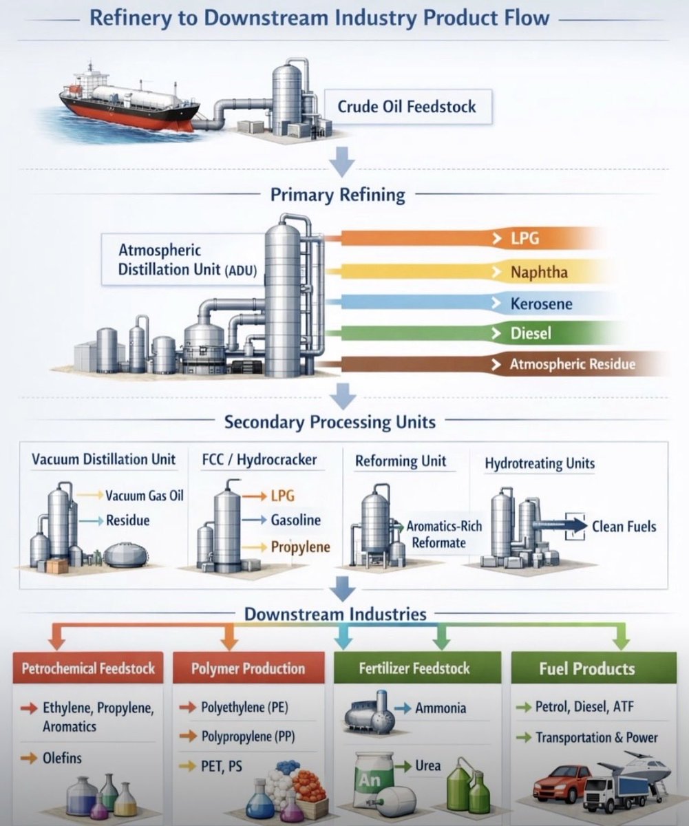 jackprandelli's tweet photo. 🏭 One refinery feeds your car, your fertiliser and your plastic.

Crude oil is worth very little until a refinery splits it.

The first step is distillation, which separates crude into LPG, naphtha, kerosene, diesel and a heavy residue.

Secondary units then upgrade those streams:

🔹 Vacuum distillation recovers gas oil from the residue

🔹 FCC units and hydrocrackers turn heavy oil into gasoline and propylene

🔹 Reformers produce the aromatics that petrochemicals need

🔹 Hydrotreaters strip out sulphur to make clean fuels

What comes out feeds 4 industries: fuels, petrochemicals, plastics and fertiliser.

A US refinery gets 19 to 20 gallons of gasoline and 11 to 13 gallons of diesel from each 42-gallon barrel.

That mix can only be shifted at the margin. 

A refinery built for gasoline can't switch to diesel when diesel runs short.

So losing refining capacity hurts more than losing crude. 

When a plant stops, diesel for trucks and farms, jet fuel for airlines and feedstock for plastics all disappear together.

This is where we are now....

The world has crude. 

It is short of the plants that turn crude into products.

If you want to know more about this, read my latest article👇

https://t.co/iSZnD48qVL