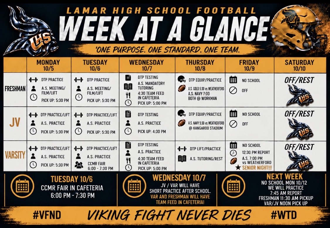 coach_najarro's tweet photo. 🚨 BIG WEEK ON THE NORTHSIDE! ⚔️🏈 WEEK 6 vs WEATHERFORD 

Testing. CCMR Fair. Game Day. SENIOR NIGHT! ⭐

🔥 Varsity vs Weatherford
📅 Friday | 7 PM
Let’s pack it out and celebrate our Seniors!

#VFND | #WTD | #ELEVATE https://t.co/OG0HlHnYIp