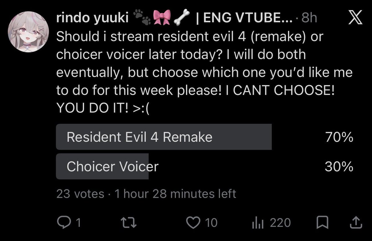rindoyuuki's tweet photo. Gulp… looks like re4 remake won! 
i might do choicer voicer sometime this month then! i’m actually quite scared to play re4 though as i haven’t played it in years… it’s okay rindo, you have weapons… plus it’s spooky month! 🎃 ganbatte..! https://t.co/P2WCdkztBc