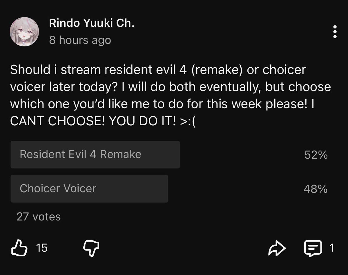 rindoyuuki's tweet photo. Gulp… looks like re4 remake won! 
i might do choicer voicer sometime this month then! i’m actually quite scared to play re4 though as i haven’t played it in years… it’s okay rindo, you have weapons… plus it’s spooky month! 🎃 ganbatte..! https://t.co/P2WCdkztBc