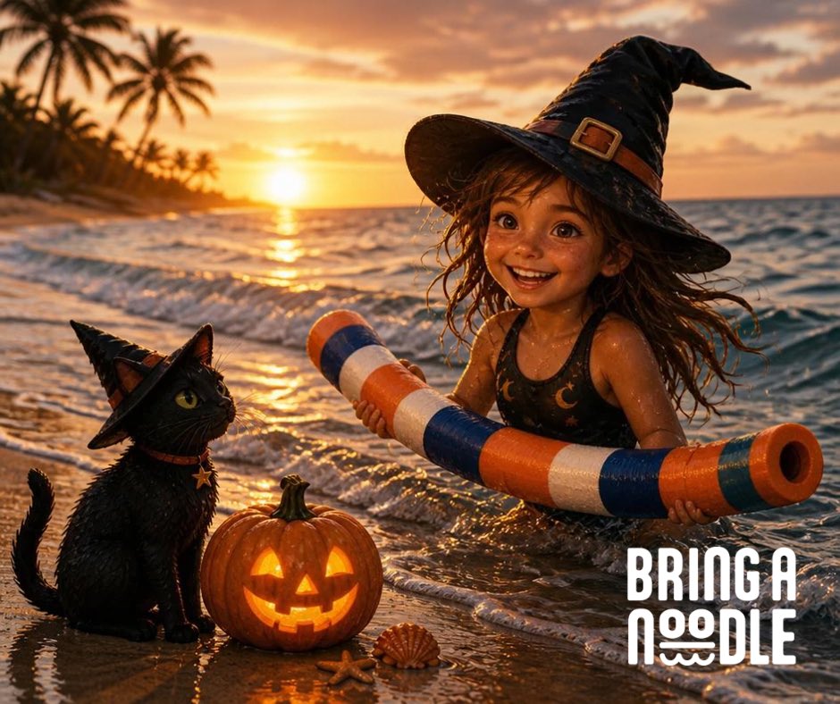 Bringanoodle's tweet photo. 🧙♀️🎃🌊 EVEN WITCHES KNOW… DON’T MESS WITH A RIP CURRENT! 🌊🎃
Our little beach witch has one important spell this Halloween:
✨ FLOAT, DON’T FIGHT! ✨
Rip currents can be scary, but knowing what to do can save your life.
#BringANoodle #RipCurrentAwareness #BeachSafety https://t.co/Qt5BwQbxPw