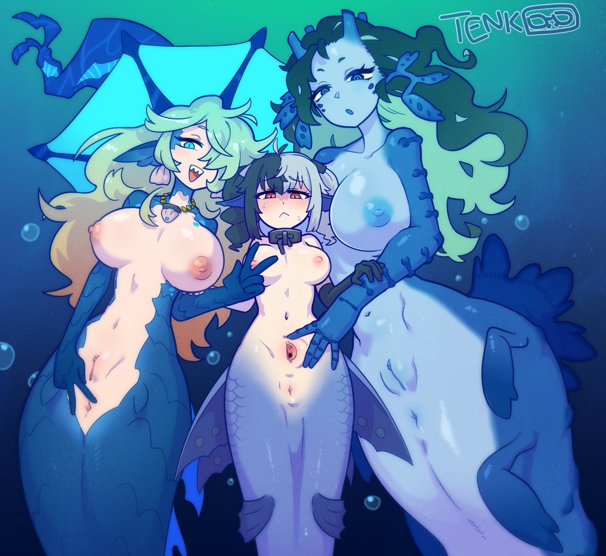 TenkAboutHeart's tweet photo. Mermussy ahoy! Fishy commission for @BlartScru of my Otohime, @Yuurikin's Morrigan, and the commissioner's OC in the middle. https://t.co/njz6SXhmJC