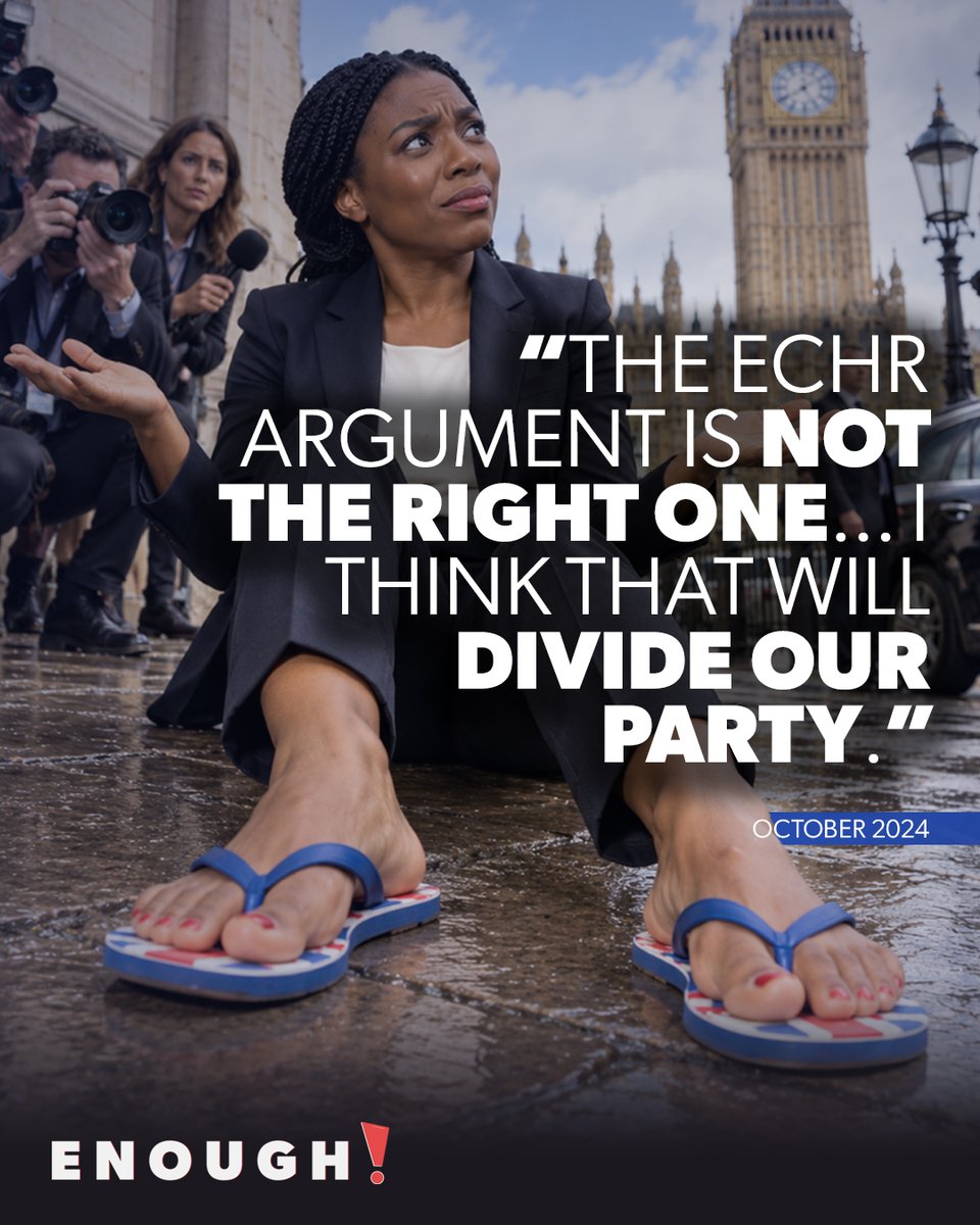 Enough_Official's tweet photo. When Kemi had the chance to back leaving the ECHR with conviction at the leadership hustings, she was more worried about dividing her party.

Realising the Tories are now finished, she's flip-flopped.

The desperate establishment parties have hoodwinked the people one too many times. Enough!