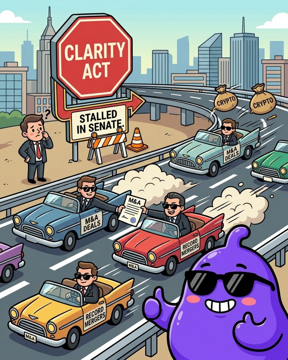 DelHopium's tweet photo. 🟣 Full speed ahead despite stalled legislation!

The Clarity Act has stalled in the Senate, leaving dealmakers evaluating the impact of regulatory uncertainty. However, crypto dealmaking continues strong as crypto M&A hits record levels.

#DelHopium #CryptoMA #CryptoMemes #Crypto