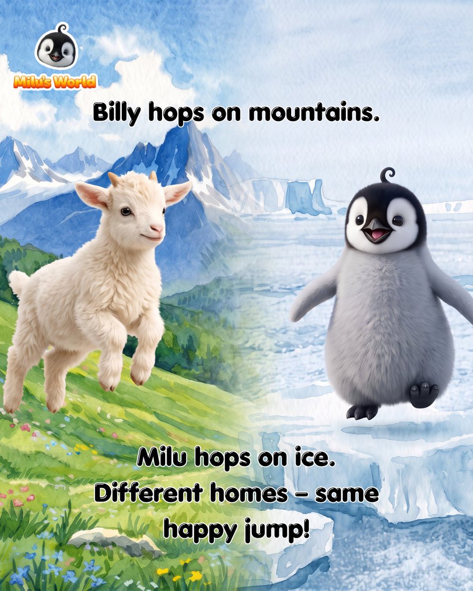 milupenguin's tweet photo. Rocky mountains for Billy 🐐, ice and snow for Milu 🐧! Different homes, but these two love to hop, play, explore, and make friends together! 😄

#MilusWorld #KidsAnimation #AnimalFacts https://t.co/q1lKDeWmnF
