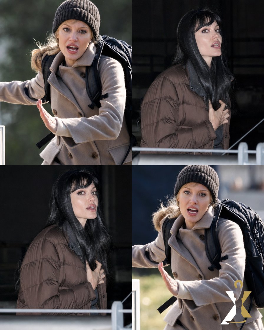 hollywoodboxuk's tweet photo. Same actress, same day on set: a blonde in a beanie mid-dash, then a black fringe and a puffer jacket. Wigs and coats change everything about who you think she is. Which look sells the character?

#hollywoodbox #onset #aiart #filmstill #candidstyle https://t.co/ty1uBihexn