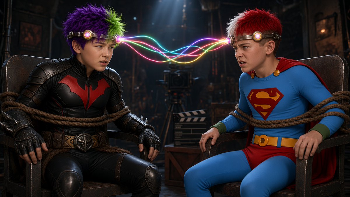 jintor69's tweet photo. Cosplay and acting. SuperJJ and BatNathan tied to chairs with brain devices linked to each other
#superman #superboy #batman #kriptonite#heroinperil https://t.co/uZCHDVjpqz