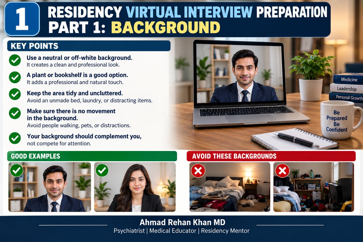 AhmadRehanKhan's tweet photo. RESIDENCY VIRTUAL INTERVIEW PREPARATION: PART 1

Virtual interview preparation has two major components:

1. Interview Setting & Technical Preparation
2. Interview Content & Performance Preparation

I’ll cover them in two separate posts.

PART 1: INTERVIEW SETTING & TECHNICAL PREPARATION

BACKGROUND:

Keep it simple, clean and professional.

A neutral or off-white background works well. A small plant, bookshelf or another subtle professional element is fine. Avoid clutter, an unmade bed, distracting decorations or movement in the background.

Your background should complement you, not compete for attention.

LIGHTING:

Good lighting matters. Your face should be clearly visible without being overexposed. Ideally, light should come from in front of you rather than behind.

A ring light is reasonable, but test it beforehand. If you wear glasses, be careful about glare or the circular reflection of a ring light on your lenses.

CAMERA POSITION:

Keep the camera around eye level. Looking down at a laptop on a desk can create an awkward angle.

Frame yourself roughly from the chest/shoulders upward. While speaking, try to look toward the camera rather than constantly looking at your own image. It creates better virtual eye contact.

SOUND QUALITY:

The interviewer needs to hear you clearly.

Good-quality earbuds or a headset usually work well and look neat. Test your microphone beforehand and avoid rooms with echoes, fans, TVs, traffic or people talking nearby.

INTERNET & POWER BACKUP:

A stable internet connection is essential.

If power outages are possible where you live, consider keeping your modem/router on a UPS or generator. Having a mobile hotspot as backup internet is also helpful.

Technical problems can happen, but most can be anticipated.

TEST THE PLATFORM:

Whether the program uses Zoom, Teams, Webex or another platform, test everything before interview day:

Camera, microphone, speakers/earbuds, internet, interview link and software updates.

Also make sure your display name is professional and preferably matches your residency application.

ROOM TEMPERATURE:

Don't overlook this. The room shouldn't be so warm that you're sweating or so cold that you're uncomfortable or shivering.

You want to focus on the interview, not the temperature.

DRESS PROFESSIONALLY:

A virtual residency interview is still a residency interview.

Dress as professionally as you would for an in-person interview. A suit and tie for men and professional interview attire or a suit for women remain safe choices.

And dress professionally beyond what the camera can see. You never know when you may need to stand up.

PUNCTUALITY:

Never be late.

Be completely ready well before the scheduled time and join according to the program's instructions. Keep the interview link, schedule and coordinator's contact information easily accessible.

REMOVE DISTRACTIONS:

Silence your phone and computer notifications. Close unnecessary apps and browser tabs.

Tell family members or roommates beforehand that you cannot be disturbed. Make arrangements for pets as well.

During those few hours, the interview should be your only priority.

KEEP ESSENTIALS NEARBY:

Keep water and your interview schedule nearby.

A few brief notes are fine, but don't read answers from a script. Interviewers can usually tell.

Your notes should be prompts, not paragraphs.

DO A MOCK RUN:

Record yourself or do a mock virtual interview beforehand.

Check your camera angle, lighting, sound, posture, eye contact, speaking pace and any nervous habits.

Sometimes what feels completely normal to us looks very different on camera.

The goal isn't to create a fancy studio.

The goal is a clean background, clear audio, good lighting, stable internet, professional appearance and no distractions.

Once the technical side disappears into the background, the interviewer can focus on what actually matters: YOU.

Dr. Ahmad Rehan Khan, MD
Psychiatrist | Medical Educator | Residency Mentor