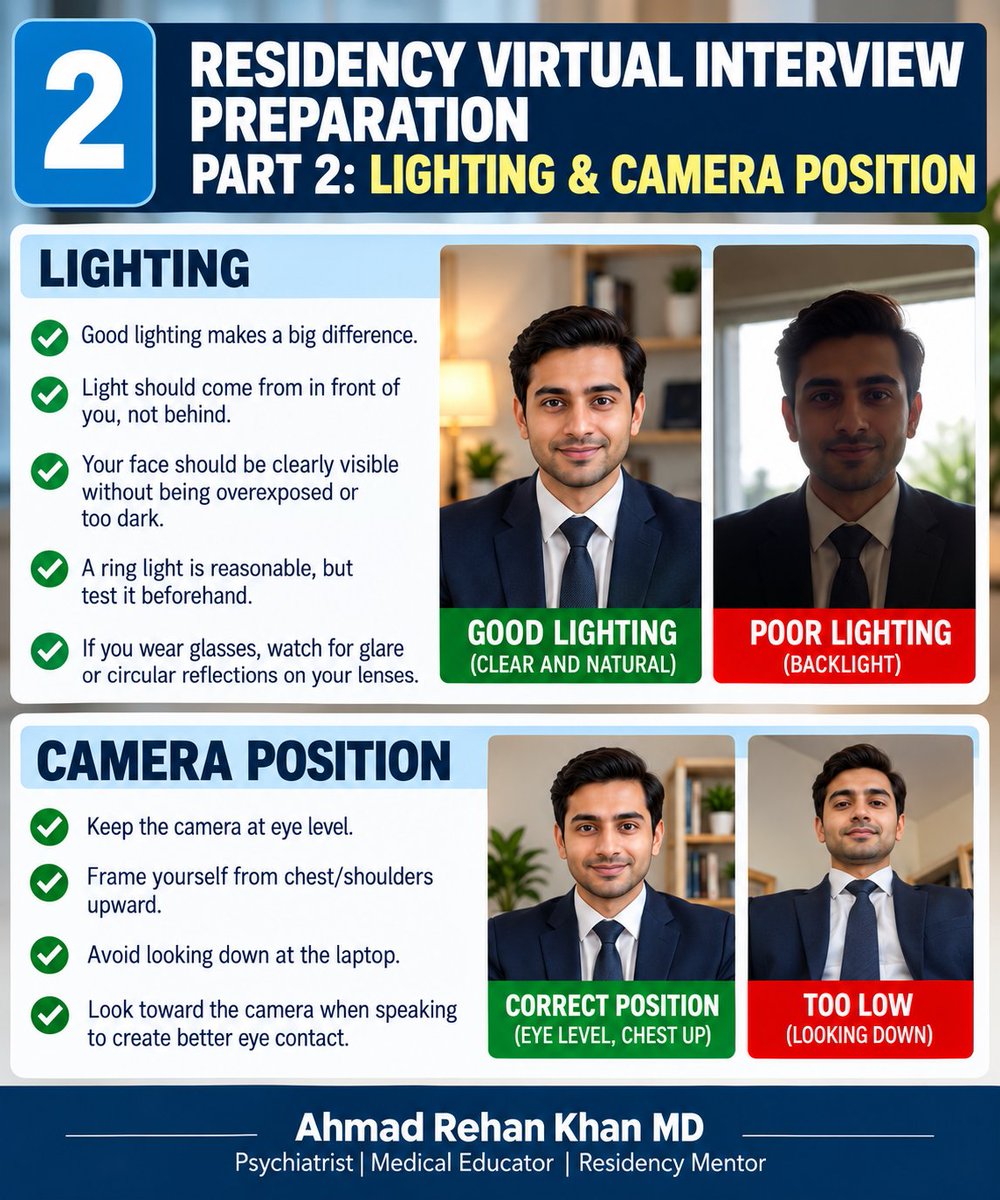 AhmadRehanKhan's tweet photo. RESIDENCY VIRTUAL INTERVIEW PREPARATION: PART 1

Virtual interview preparation has two major components:

1. Interview Setting & Technical Preparation
2. Interview Content & Performance Preparation

I’ll cover them in two separate posts.

PART 1: INTERVIEW SETTING & TECHNICAL PREPARATION

BACKGROUND:

Keep it simple, clean and professional.

A neutral or off-white background works well. A small plant, bookshelf or another subtle professional element is fine. Avoid clutter, an unmade bed, distracting decorations or movement in the background.

Your background should complement you, not compete for attention.

LIGHTING:

Good lighting matters. Your face should be clearly visible without being overexposed. Ideally, light should come from in front of you rather than behind.

A ring light is reasonable, but test it beforehand. If you wear glasses, be careful about glare or the circular reflection of a ring light on your lenses.

CAMERA POSITION:

Keep the camera around eye level. Looking down at a laptop on a desk can create an awkward angle.

Frame yourself roughly from the chest/shoulders upward. While speaking, try to look toward the camera rather than constantly looking at your own image. It creates better virtual eye contact.

SOUND QUALITY:

The interviewer needs to hear you clearly.

Good-quality earbuds or a headset usually work well and look neat. Test your microphone beforehand and avoid rooms with echoes, fans, TVs, traffic or people talking nearby.

INTERNET & POWER BACKUP:

A stable internet connection is essential.

If power outages are possible where you live, consider keeping your modem/router on a UPS or generator. Having a mobile hotspot as backup internet is also helpful.

Technical problems can happen, but most can be anticipated.

TEST THE PLATFORM:

Whether the program uses Zoom, Teams, Webex or another platform, test everything before interview day:

Camera, microphone, speakers/earbuds, internet, interview link and software updates.

Also make sure your display name is professional and preferably matches your residency application.

ROOM TEMPERATURE:

Don't overlook this. The room shouldn't be so warm that you're sweating or so cold that you're uncomfortable or shivering.

You want to focus on the interview, not the temperature.

DRESS PROFESSIONALLY:

A virtual residency interview is still a residency interview.

Dress as professionally as you would for an in-person interview. A suit and tie for men and professional interview attire or a suit for women remain safe choices.

And dress professionally beyond what the camera can see. You never know when you may need to stand up.

PUNCTUALITY:

Never be late.

Be completely ready well before the scheduled time and join according to the program's instructions. Keep the interview link, schedule and coordinator's contact information easily accessible.

REMOVE DISTRACTIONS:

Silence your phone and computer notifications. Close unnecessary apps and browser tabs.

Tell family members or roommates beforehand that you cannot be disturbed. Make arrangements for pets as well.

During those few hours, the interview should be your only priority.

KEEP ESSENTIALS NEARBY:

Keep water and your interview schedule nearby.

A few brief notes are fine, but don't read answers from a script. Interviewers can usually tell.

Your notes should be prompts, not paragraphs.

DO A MOCK RUN:

Record yourself or do a mock virtual interview beforehand.

Check your camera angle, lighting, sound, posture, eye contact, speaking pace and any nervous habits.

Sometimes what feels completely normal to us looks very different on camera.

The goal isn't to create a fancy studio.

The goal is a clean background, clear audio, good lighting, stable internet, professional appearance and no distractions.

Once the technical side disappears into the background, the interviewer can focus on what actually matters: YOU.

Dr. Ahmad Rehan Khan, MD
Psychiatrist | Medical Educator | Residency Mentor