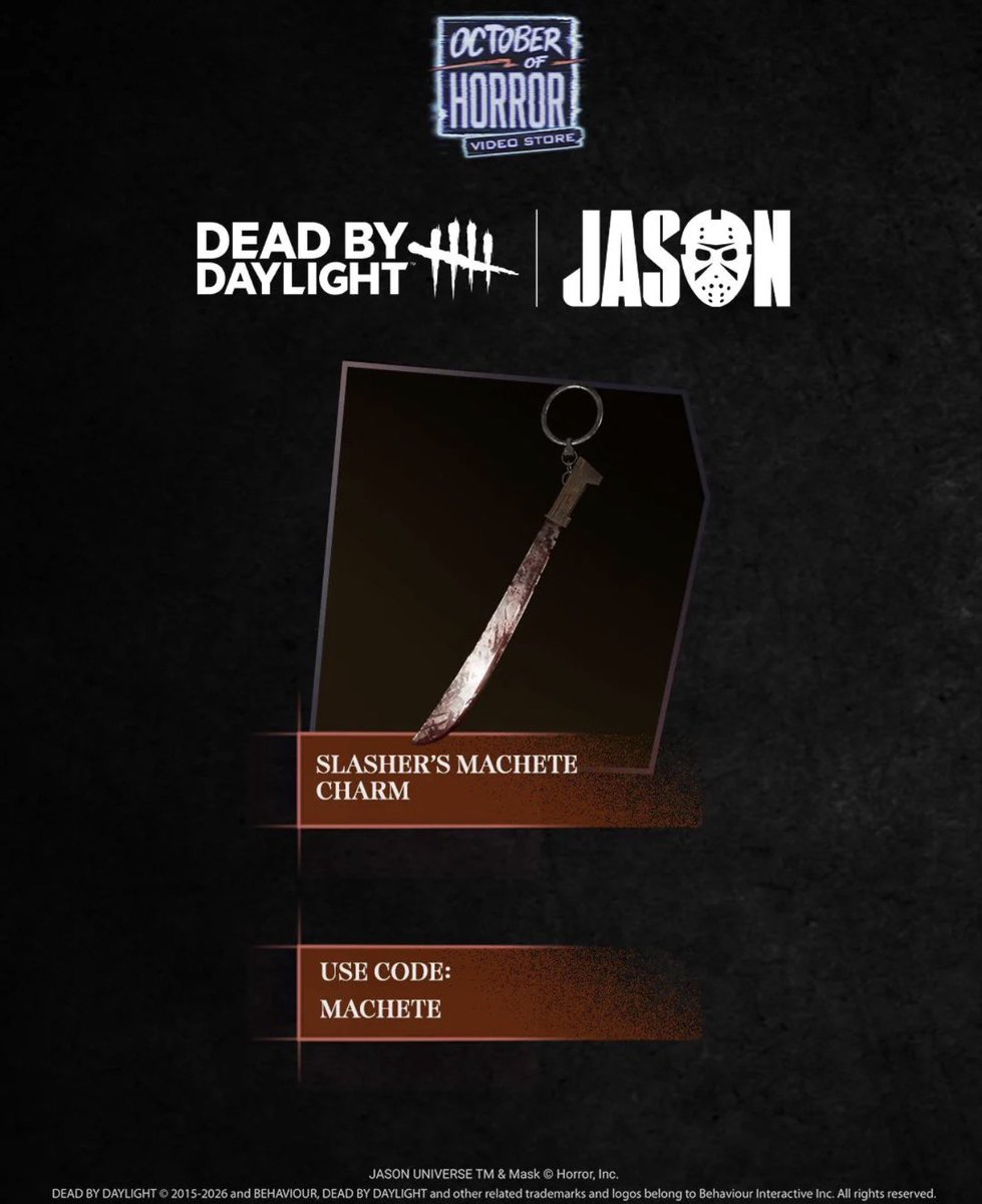 dbdcodes's tweet photo. Code for Jason's Machete Charm is out now (expires on October 31) #DeadbyDaylight https://t.co/oCCW2wgQzo