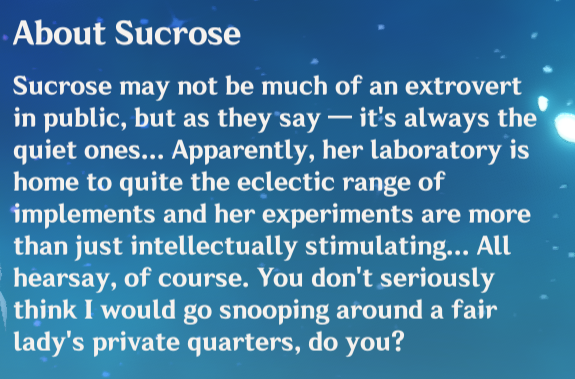 samgyeopsalek's tweet photo. been on genshin for hours digging through sucrose's lore and kaeya's thoughts on her never fails to make me giggle https://t.co/rMsXHjuErF