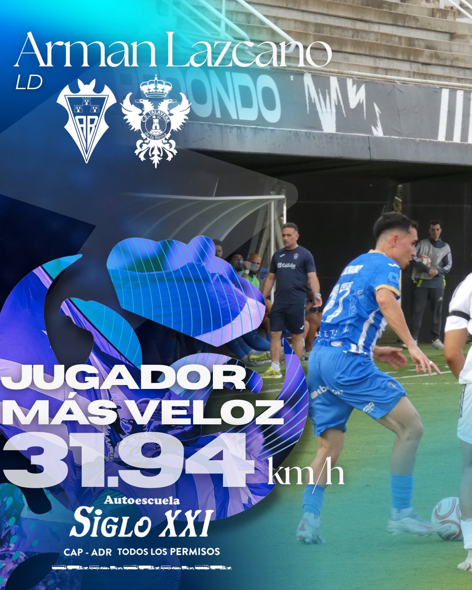 CFTalavera's tweet photo. ⚡️Arman Lazcano  fue el jugador más veloz en el #AlbaceteTalavera  alcanzando los 31.94 km/h

🔋Por otra parte, Pedro Capó fue el que más kilómetros recorrió en el encuentro 

🚙Ambos datos, una temporada más ofrecidos por Autoescuela S XXI https://t.co/fXB8WW97A0