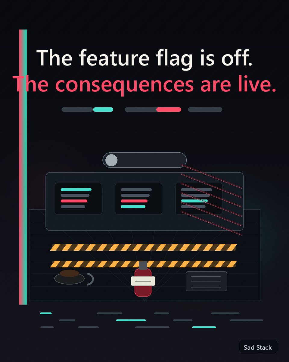 SadStackDev's tweet photo. The feature flag is off, but the consequences already found production. #DevHumor #CodingJokes https://t.co/s8RrOD0nhm
