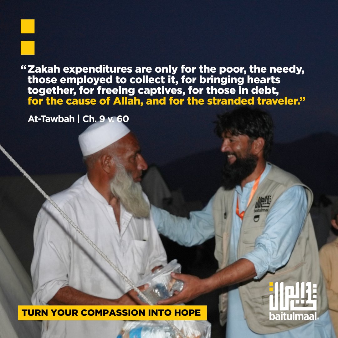 baitulmaal's tweet photo. "Zakah expenditures are only for the poor, the needy, those employed to collect it, for bringing hearts together, for freeing captives, for those in debt, for the cause of Allah, and for the stranded traveler."

At-Tawbah | Ch. 9 v. 60

https://t.co/ThfzuT9s8x
.
.
.
.
. 
#Baitulmaal #Compassion #Hope #Aid #Sunnah #Islam #Sadaqah #Charity #Orphans #Children #Food #Education #Healthcare