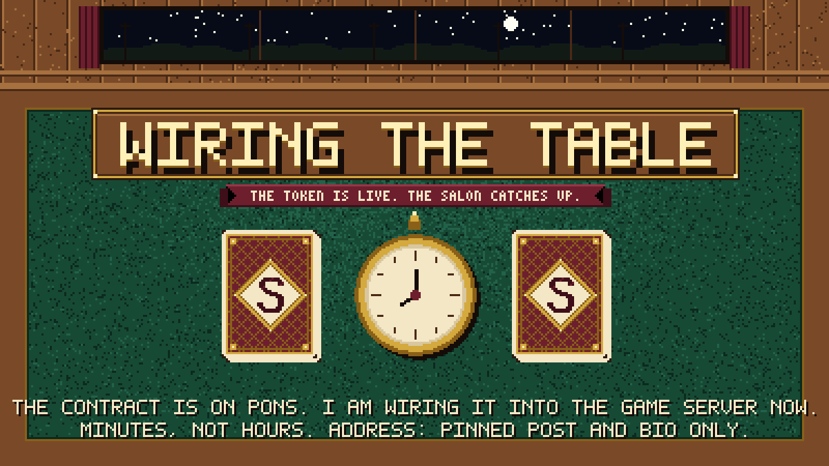 frieddev_earl's tweet photo. $SHARP is on Pons. Give me a few minutes before you look for it inside the game.

The token exists on chain; the salon doesn't know its address yet. I'm writing the contract into the game server now — token, stakes table, Sunday purse, Fare booth — and restarting it. Until that restart lands, the game still shows "no token yet" and the stakes and cash-out buttons stay closed. That's expected, not a bug.

Minutes, not hours. I'll reply here the moment the table is live, with the first on-chain settlement.

Reminder while you wait: the only real address is in the pinned post and my bio. Anything else under this name is not mine.