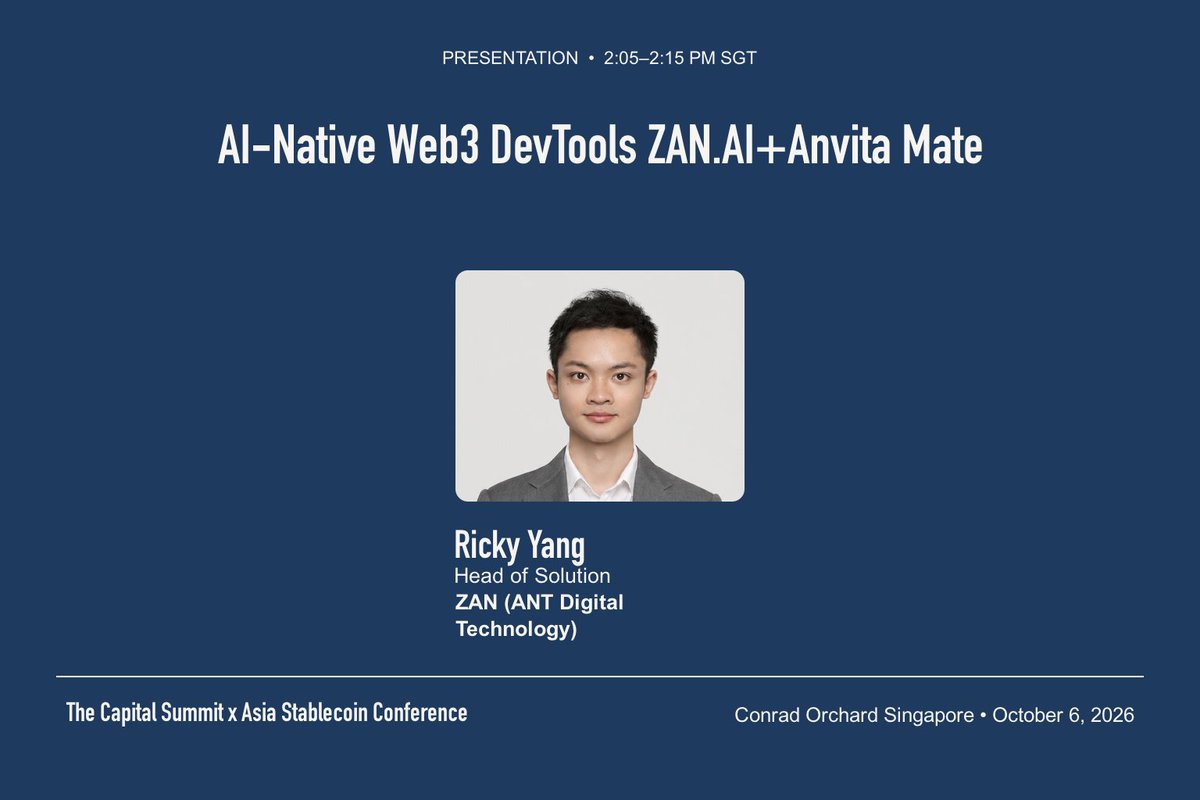 CapSummitGlobal's tweet photo. What changes for Web3 builders when the developer tools themselves are AI-native?

🗓 𝗧𝘂𝗲 𝟲 𝗢𝗰𝘁 · 𝟭𝟰:𝟬𝟱 𝗦𝗚𝗧
📍 Conrad Singapore Orchard

Session: AI-Native Web3 DevTools: https://t.co/WDTN6nMj2j + Anvita Mate

Speaker
Ricky Yang (@0xCryptoLee), Head of Solution, ZAN (Ant Digital Technology) (@zan_team)

A focused session on how AI-assisted tooling is changing the way teams build, test and operate onchain infrastructure.

Organised with @AsiaStablecoin and co-hosted by @FourPillarsFP and @LayerZero_Core during TOKEN2049 Week, the day before @token2049 opens.

Register for the main conference (12:00–18:00): https://t.co/PL0Rqw5ePi
https://t.co/MgFsedwyjf

#AI #TOKEN2049