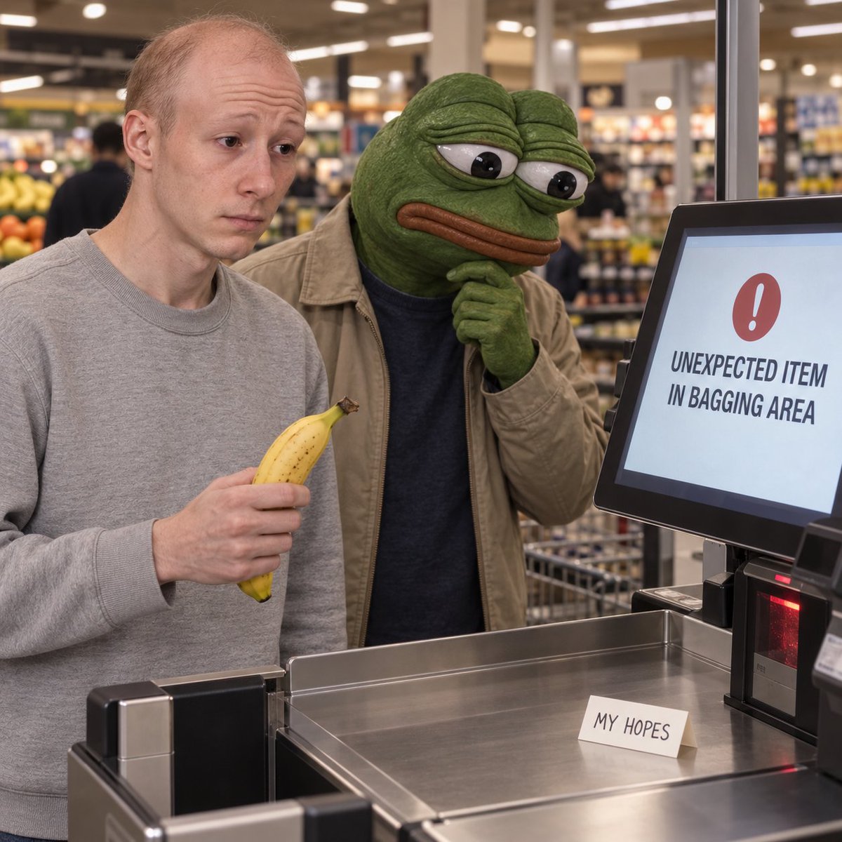 FeelsGuyOnSol's tweet photo. $WOJAK even the self-checkout was surprised he still had hopes. https://t.co/R2uuLWNE87