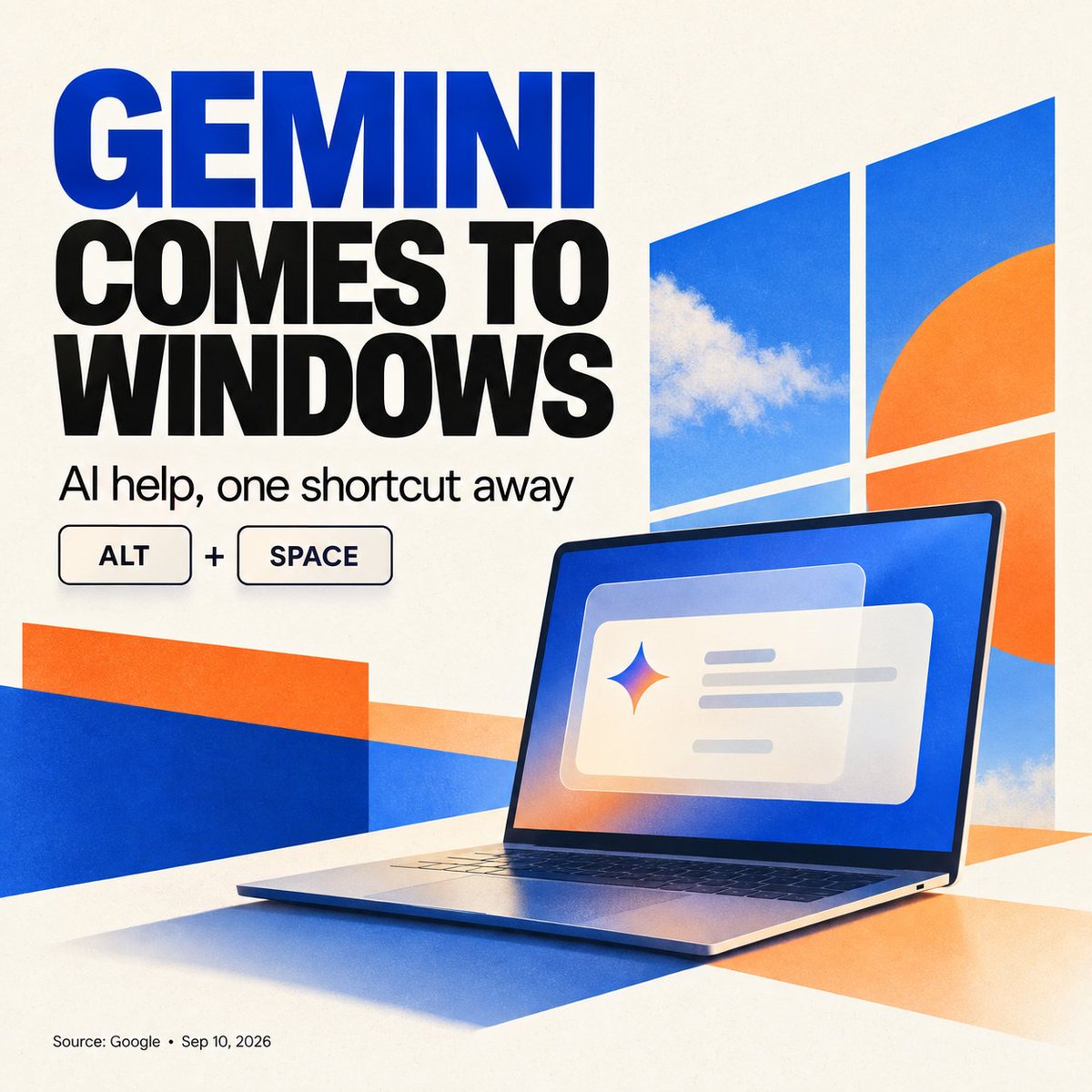 FreeAIPlatform_'s tweet photo. Google has launched the Gemini app for Windows 10 and 11. Press Alt + Space to open AI help over your current work—whether you’re drafting, summarizing or brainstorming. Google says more native desktop features are coming. Source: Google, Sep 10, 2026. #AINews #Gemini #Windows https://t.co/FKn6lRVxG0