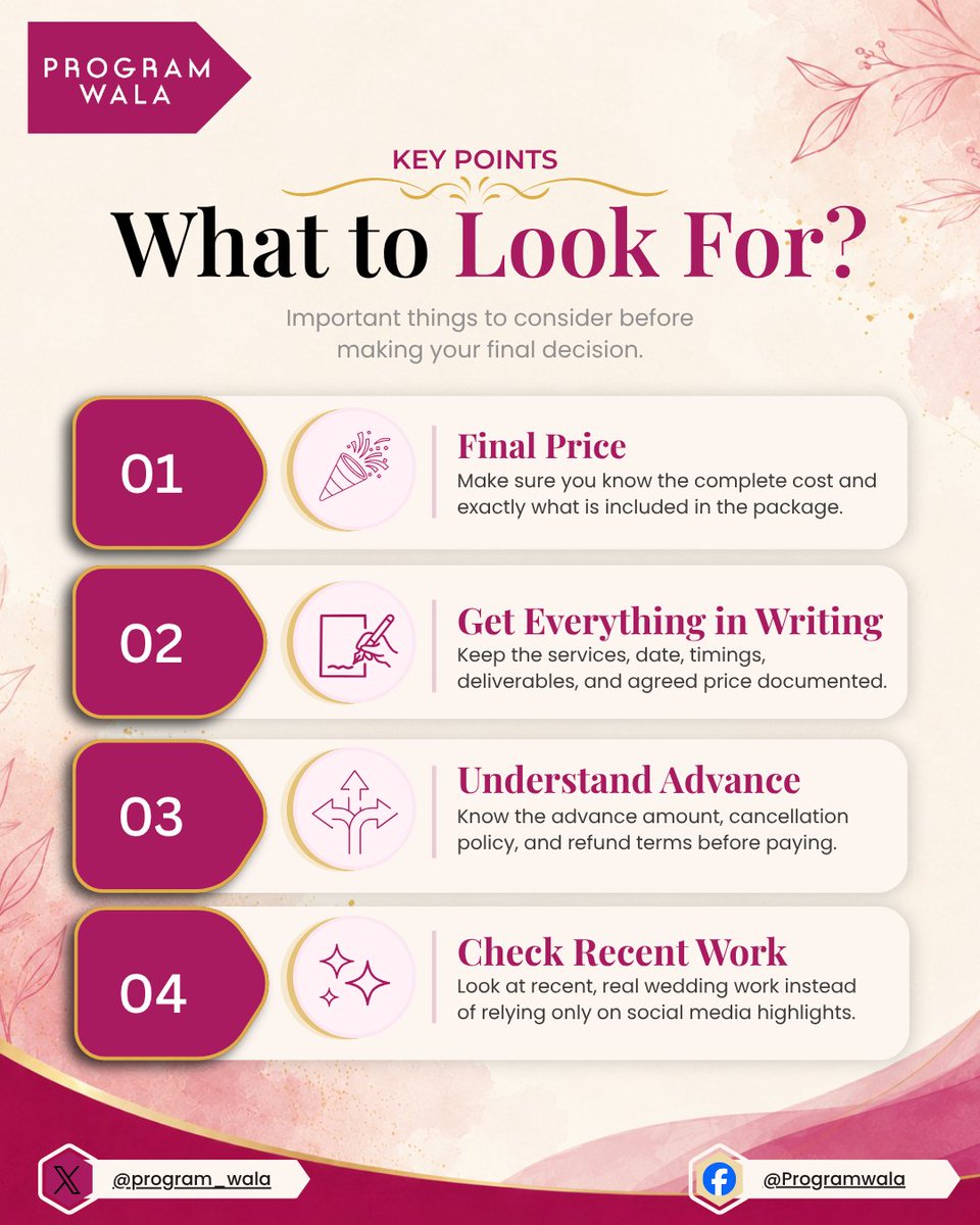 program_wala's tweet photo. Planning your dream wedding? 💍✨ Before making any payment to a wedding vendor, make sure you know the details, understand the terms, and keep everything

📩 DM us or call: 8400128910
🌐 Visit: https://t.co/I9nyIrpJ2I
#ProgramWala #WeddingPlanning #WeddingChecklist #Wedding https://t.co/O0Iioug7t5