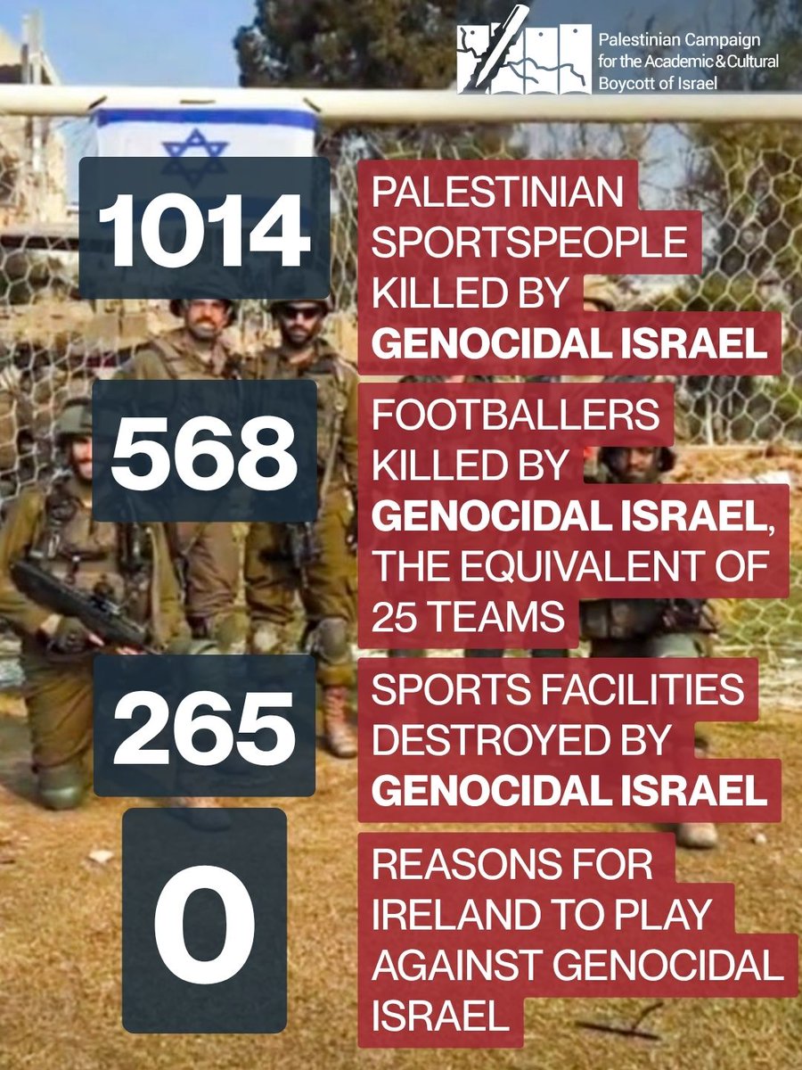 BDSmovement's tweet photo. Genocidal Israel has killed 1,000+ Palestinian sportspeople.

Complicit @UEFA still fails to sanction apartheid Israel.

Let's peacefully disrupt matches until sporting bodies #BanIsrael. Let's pressure federations and teams to refuse to play against it.
#StopTheGame https://t.co/Dpk2tca9sF
