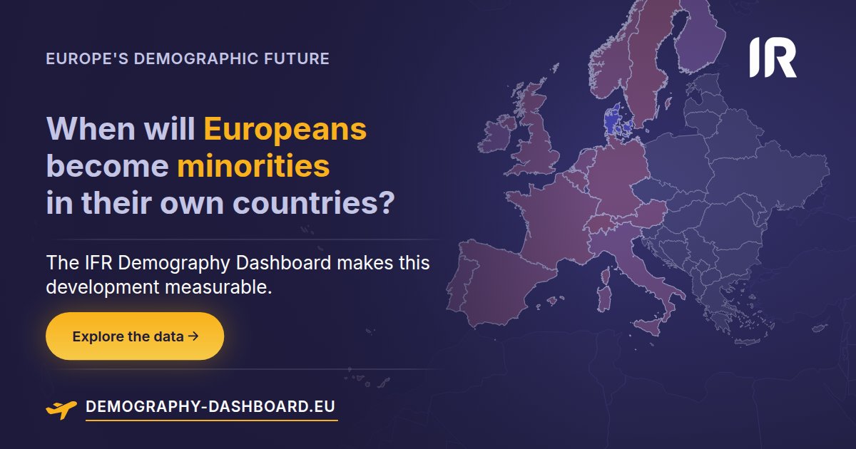 remigrationinst's tweet photo. The IFR Demography Dashboard is now live: https://t.co/1wfelid5zl  

Europe is facing an existential demographic crisis. Decades of government-enabled replacement migration are fundamentally transforming the continent’s population.  

Based on official demographic data, the dashboard visualises demographic developments across 15 European countries. 

Our projections use current native-migrant population data to calculate when the native population would become a numerical minority if the present course continues.

But demographic change is not irreversible.  

The dashboard also models an alternative course. Its remigration scenario shows how the present trajectory could be reversed and how a stable native majority could be preserved or restored over time.  

For the Institute for Remigration, preserving a stable native majority is essential to ethnocultural continuity, democratic self-determination and demographic sovereignty. It is therefore a legitimate political objective.  

See where your country stands. Examine the data. Compare the two scenarios. Share the results. 

Population replacement is not destiny. Europe’s demographic future can be measured - and it can be changed.  

Explore the IFR Demography Dashboard: https://t.co/1wfelid5zl