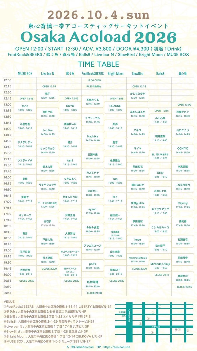 Oudowa's tweet photo. OsakaAcoload2026

#椋子 　F
#海野夕凪 　F
#アキコ.　F
#とっこのんか 　F
#永恵美遥 　F
#つきみるく 　ほぼF
#きばやし　初 
#Reymiy 　初
#優利香 　F
#みみみ食堂　初 
#アシガルユース 　F
#podz  　F初

ほぼ1日サーキット会場を回って、たくさんの音楽に触れられ、とても充実した1日でした☺️ https://t.co/EribCHKhob