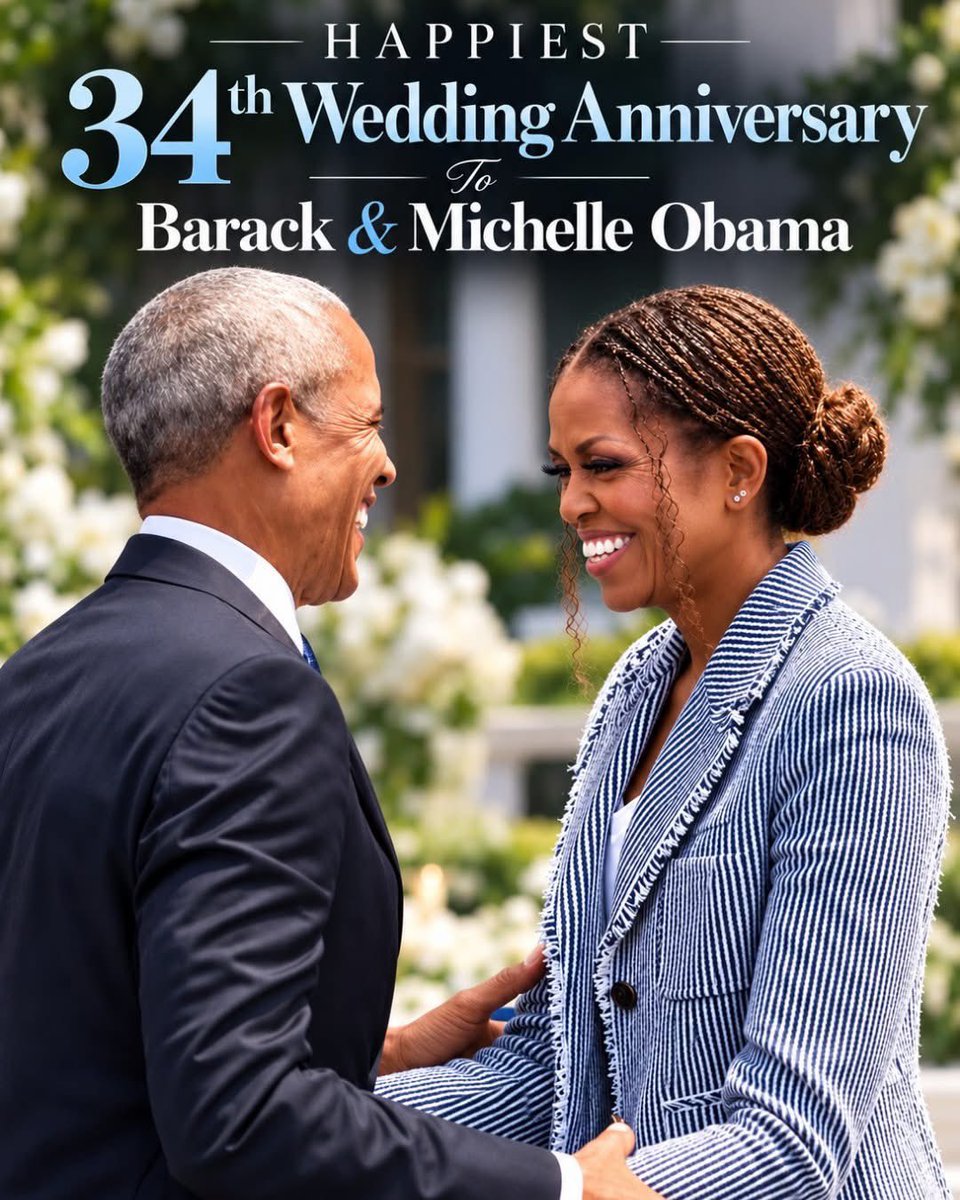 charlesmore25's tweet photo. Today, we honor and celebrate the former First Couple, Barack and Michelle Obama, as they mark their 34th wedding anniversary! ❤️💍 https://t.co/n1cGwgjXCP