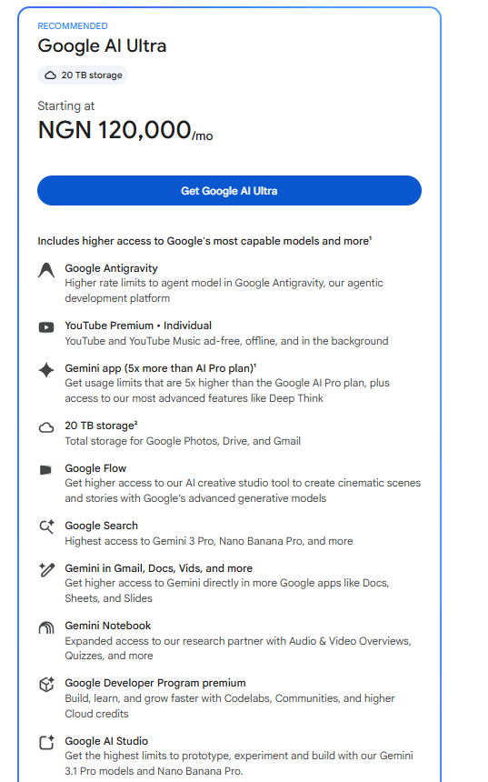 Google AI Ultra plan card listing Antigravity, Gemini, Flow, Notebook, YouTube Premium, AI Studio, and 20 terabytes of storage at NGN 120,000 per month