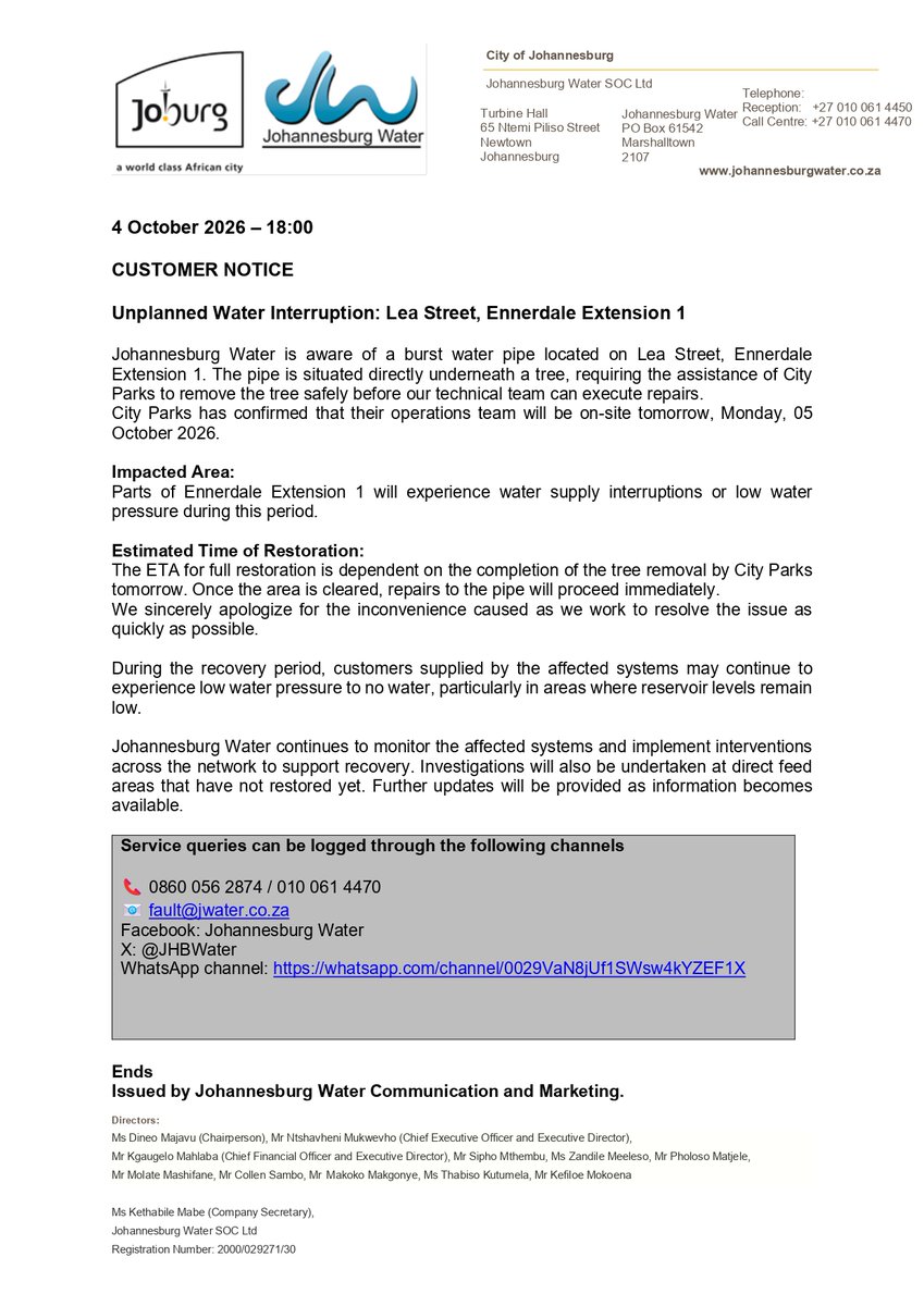 Official Johannesburg Water notice