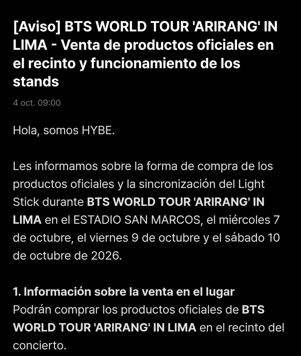 bts_peru1's tweet photo. 📢 INFORMACIÓN OFICIAL BTS WORLD TOUR ‘ARIRANG’ IN LIMA 🇵🇪

Forma de compra de los productos oficiales y la sincronización de la ARMY BOMB en el Estadio San Marcos los días 7, 9 y 10 de octubre de 2026.

#BTS #BTS_WORLDTOUR_ARİRANG_LIMA #BTSEnPeru https://t.co/lA7CerO6y3