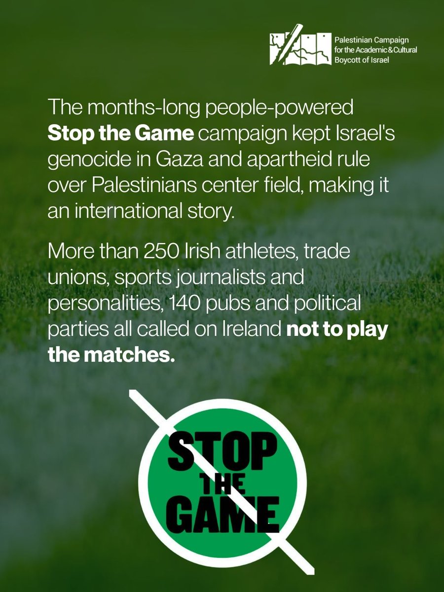 BDSmovement's tweet photo. The months-long people-powered #StopTheGame campaign kept Israel's genocide against Palestinians in Gaza center field, making it an int’l story.

250+ Irish athletes, trade unions, sports journalists and personalities, 140 pubs and political parties urged Ireland not to play. https://t.co/RoGop7Jdqa