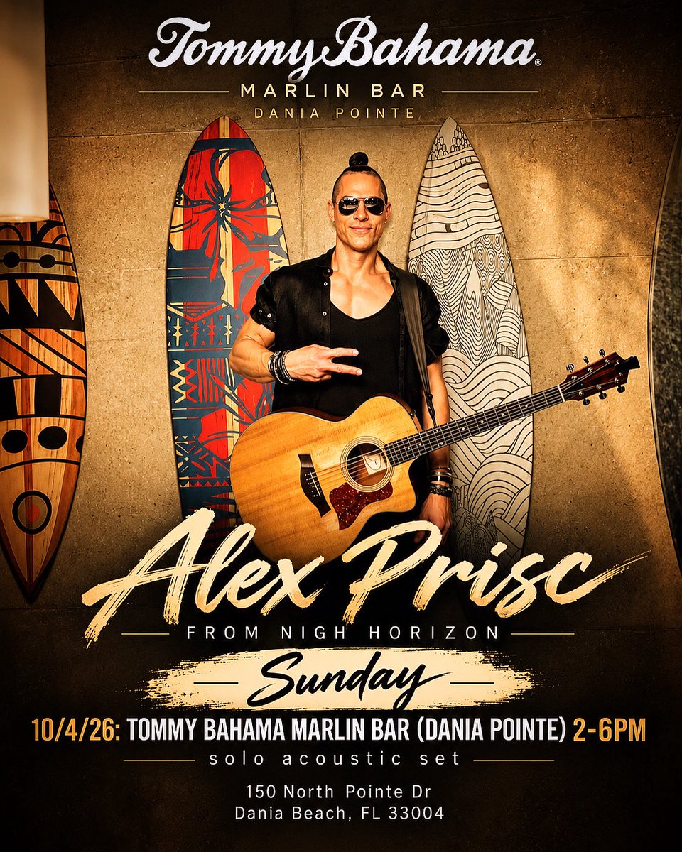 NighHorizon's tweet photo. Sunday afternoon drinking is just brunch with ambition. Anywayβ¦ π
β‘οΈ ALEX PRISC from NIGH HORIZON
πΈ TOMMY BAHAMA MARLIN BAR
π DANIA POINTE
ποΈ TODAY β’ 10/4
π 2β6PM
πΈ SOLO ACOUSTIC SET
2PM. Pull up. ππ₯
#AlexPrisc #NighHorizon #TommyBahama #DaniaPointe #DaniaBeach https://t.co/6Ox0vbDa2S