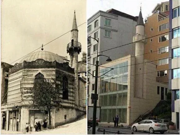 pinar__erkan's tweet photo. Hani şu sağdaki fotoğraftaki gibi yenilenen Mimar Sinan camii. Mimar Sinan dediysek de Mimar Sinan'ın yaptığı cami 19. Yüzyılda yıkıldı. O zaman da yolu genişlettiler. 1873'te Abdülaziz tekrar yaptırdı. 1950lerde yıkıldı. Sonra 2010'larda böyle restore ediyoruz diye minareli dükkan yapıldı bitti gitti.