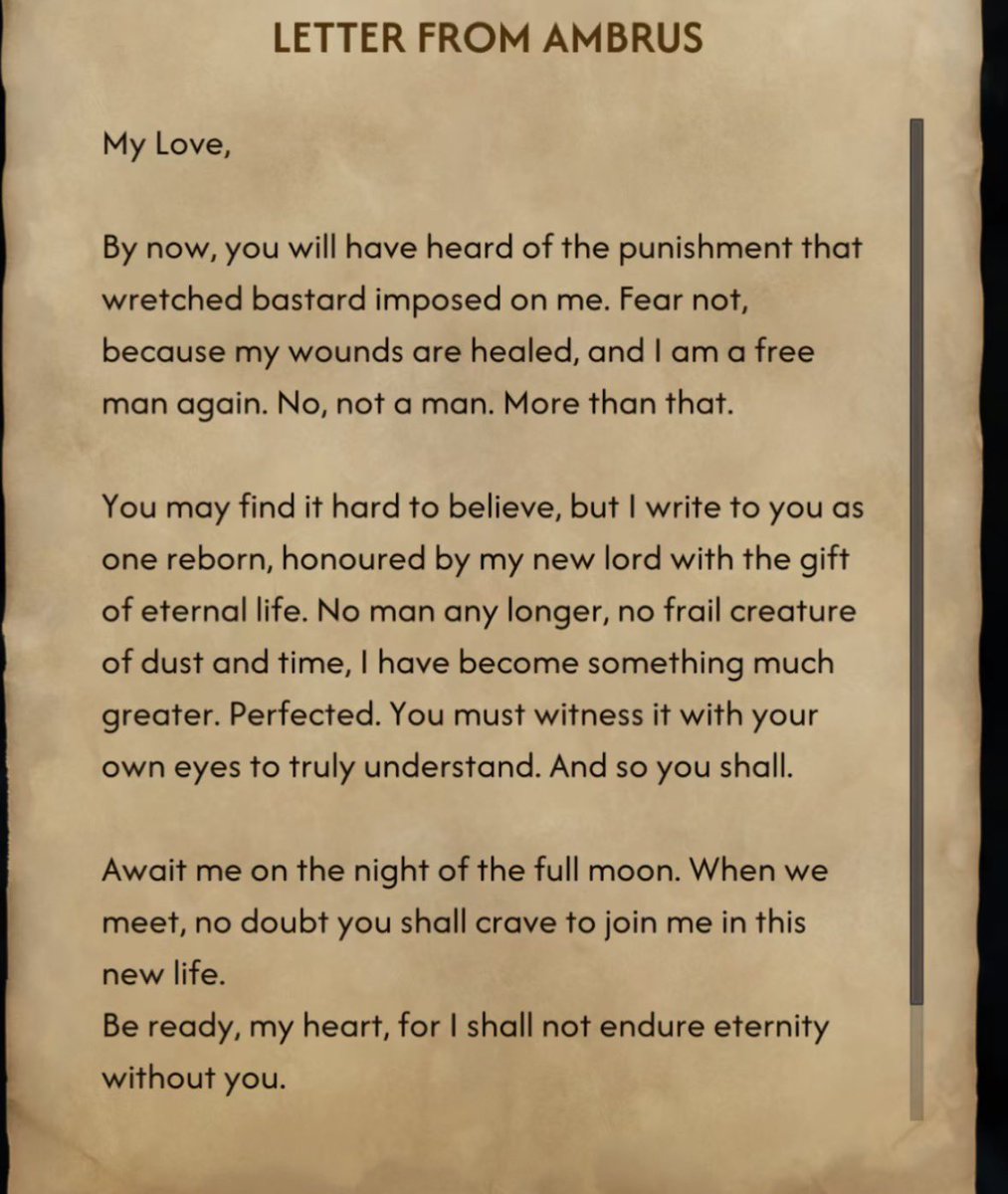 purinnieum's tweet photo. At this house you find letters of a women that was Ambrus's lover. At night you also find a Murohn there. I wonder if that is Rozalia, aka Ambrus failed to turn her properly. And ran out of shame but refusing to kill her?

Or, maybe Brencis was involved. So Ambrus cuts all ties.. https://t.co/LnWrH3YCvw