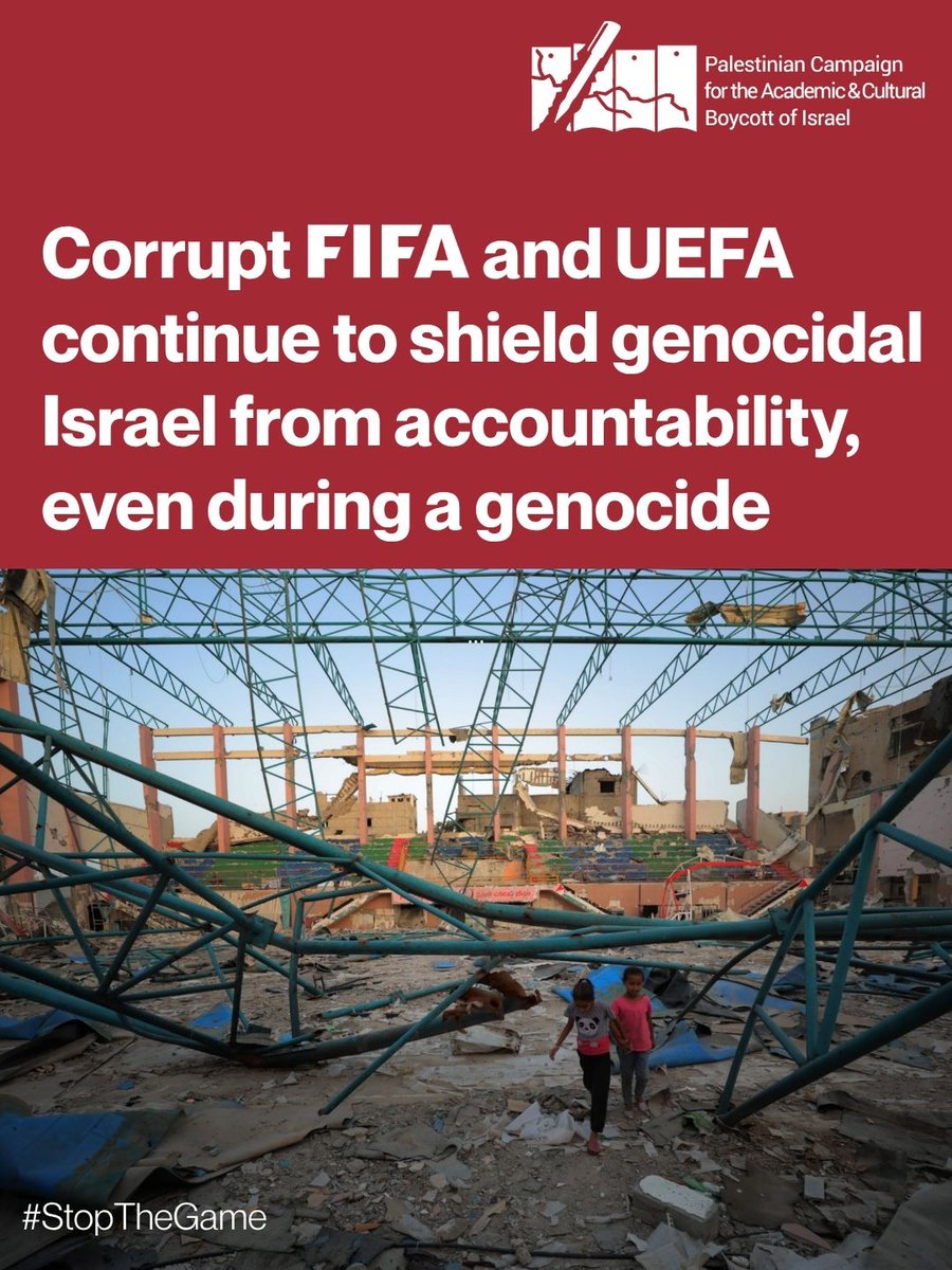 BDSmovement's tweet photo. UEFA and @FIFAcom suspended Russia within 72 hours of its illegal invasion of Ukraine. 

3 years into Israel's ongoing genocide against Indigenous Palestinians in Gaza, corrupt @UEFA  continues to shield genocidal Israel from accountability.

Join the campaign! #BanIsrael #StopTheGame