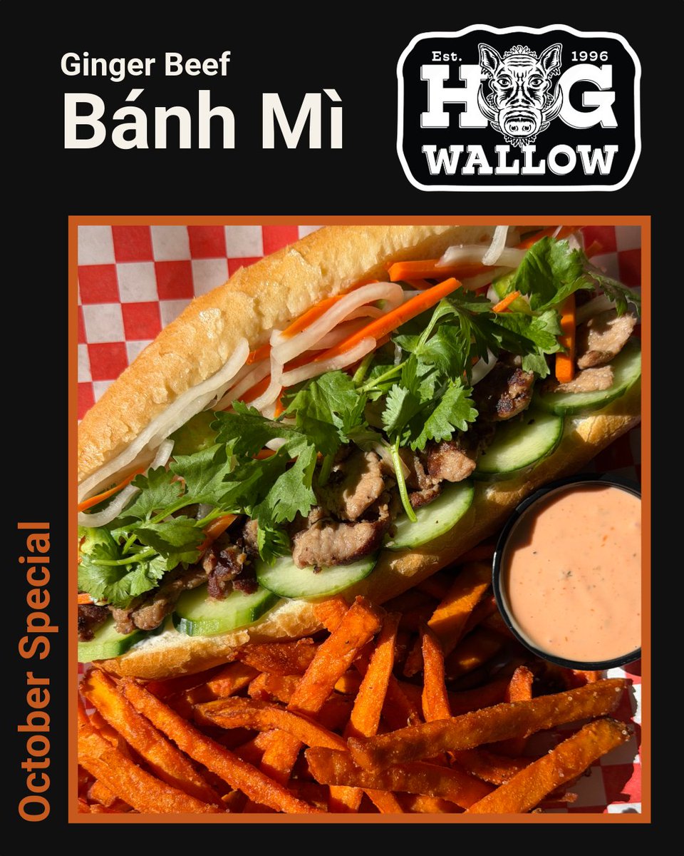 TheHogWallow's tweet photo. October’s special has arrived: Ginger Beef Bánh Mì! 🥖🔥
Tender ginger beef, crisp veggies, and bold, fresh flavors—all packed into one seriously satisfying sandwich. Available all month long.
Grab one, settle into the patio, and enjoy every delicious minute of this beautiful fall weather.🍂
#GingerBeef #BanhMi #OctoberSpecial #PatioSeason