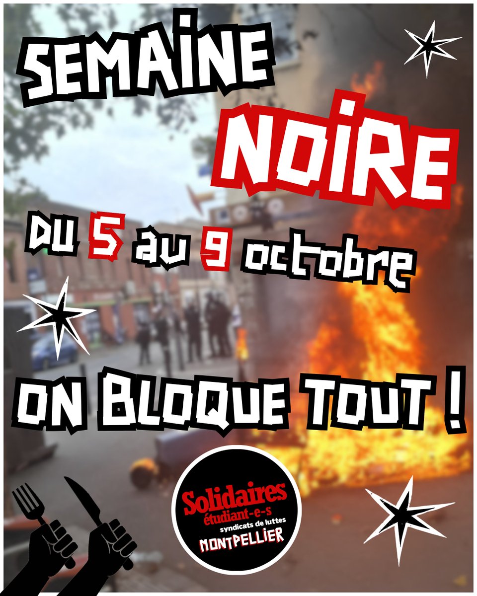 SolidairesEtu34's tweet photo. 💥 DU 5 AU 9 OCTOBRE, ON BLOQUE TOUT !

Continuons le mouvement en soutien aux lycéen-nes mobilisé-es, contre Bienvenue en France, contre la répression policière, la libéralisation et la sélection ! ✊ https://t.co/N3bzHtVuUZ