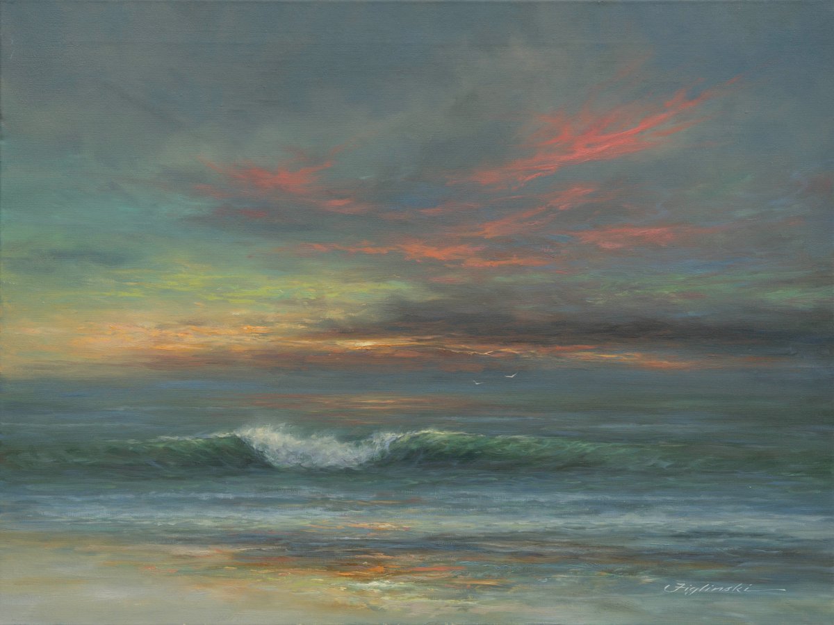 Figlinski's tweet photo. The Gulf is darkening beneath a restless sky. A few warm streaks of light remain in the clouds as the waves roll in. The day is ending, but the sea keeps moving.

#26093 “Where the Light Remains”
18” x 24” oil on linen. https://t.co/3v5CDAWlUX https://t.co/FpIbInan2J