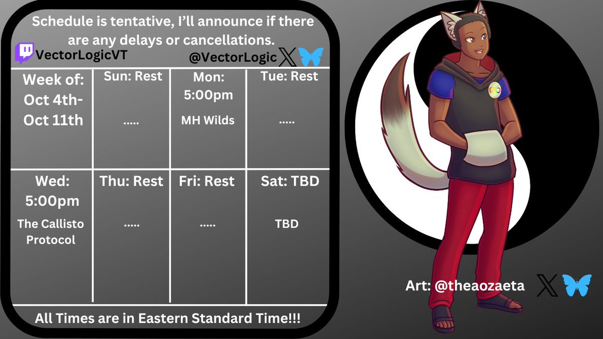 VectorLogic's tweet photo. New Schedule!!!
Hunting monsters one day, being hunted by monsters the next day. Let's experience what it's like to be both predator and prey. It's been a while since I've streamed, so I'm going to take it slow.
#Vtuber #ENVTuber #EquilLive https://t.co/bP8NFOKbgD