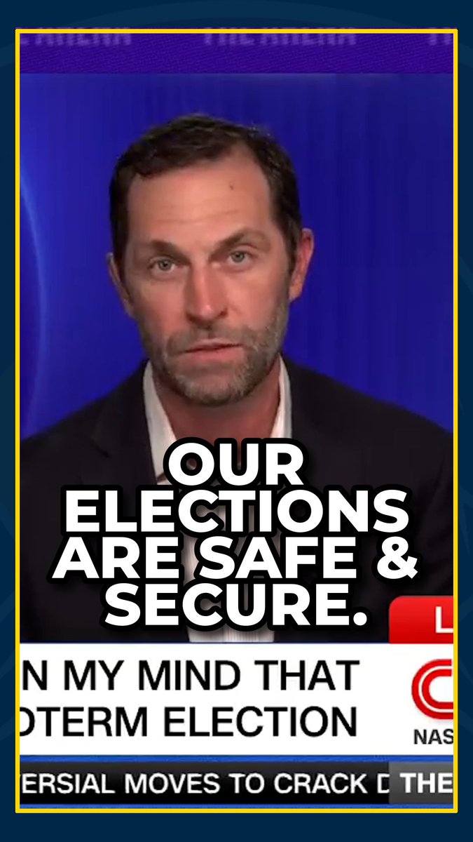 A news broadcast screenshot shows a man in a suit with overlaid text reading "OUR ELECTIONS ARE SAFE & SECURE" and a ticker mentioning "MIDTERM ELECTION".