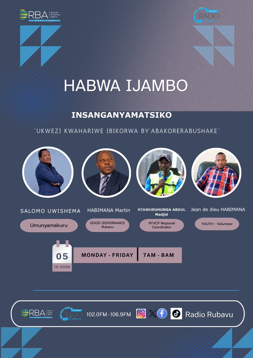 RadioRubavu's tweet photo. Tubararikiye gukurikirana ikiganiro "Habwa Ijambo", kizahita kuri Radio Rubavu kuri uyu wa mbere tariki ya 5 Ukwakira 2026. Turagaruka ku bikorwa by'ubukorerabushake.

@RubavuDistrict @RwandaLocalGov @RwandaYouthVol1 https://t.co/af4s5ievdX