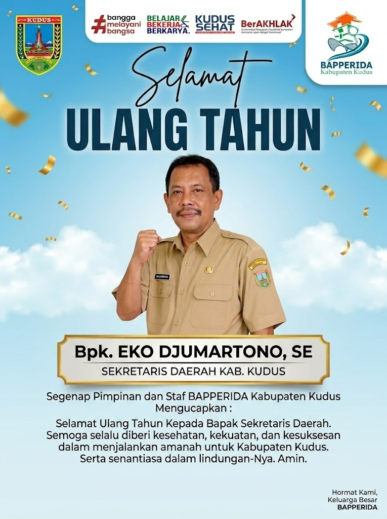 BBappeda's tweet photo. Segenap keluarga besar Bapperida Kabupaten Kudus
Mengucapkan:
Selamat Ulang Tahun Kepada :
Bpk. Eko Djumartono, SE
Sekretaris Daerah Kabupaten Kudus
Semoga selalu diberi kesehatan, kekuatan, dan kesuksesan
dalam menjalankan amanah untuk Kabupaten Kudus.
Serta senantiasa https://t.co/ETI0sV7pVY