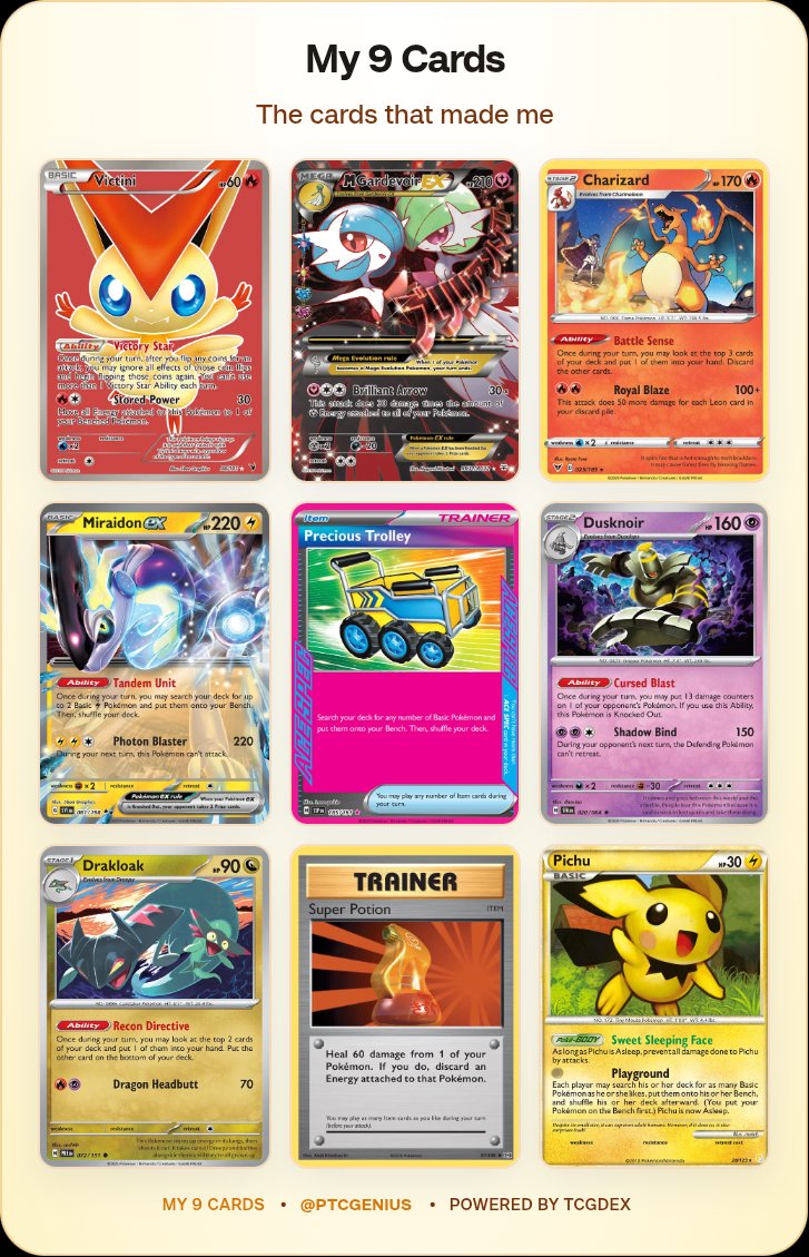 SlackOutt's tweet photo. Victini - 1st awesome hit
M. Gardy - Fav card art
Charizard - 1st deck I played on paper
Miraidon - 1st real deck I played A TON, I love it
Trolley - A lot of trolley decks
Dusknoir - Palkia/BoomZard
Drakloak - Pre-rot Pult enjoyer
Super Potion - Recent cook
Pichu - Fav pkmn https://t.co/5X2f6z58x5