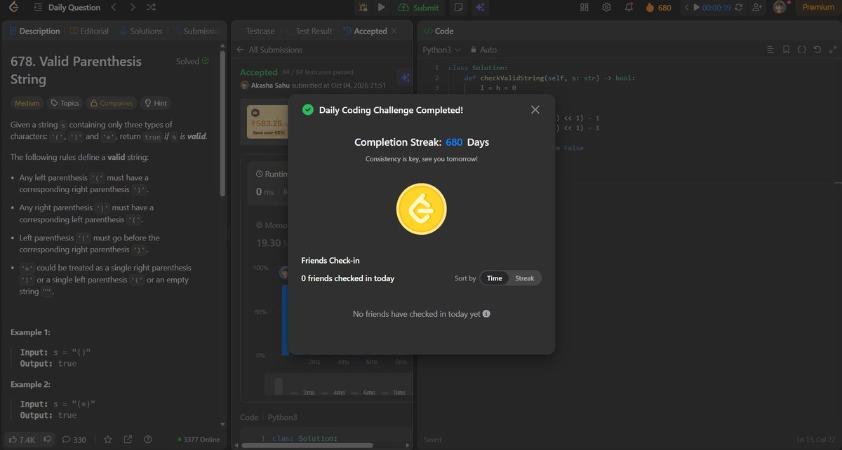 akashasahu07's tweet photo. Day - 680
Solved a greedy parentheses problem today ⚡
Tracked the possible balance range to handle * as (, ) or empty and validate the string efficiently.
#1000DaysOfCode #LeetCode #DSA #Python #Greedy https://t.co/UFJYlPiMi6