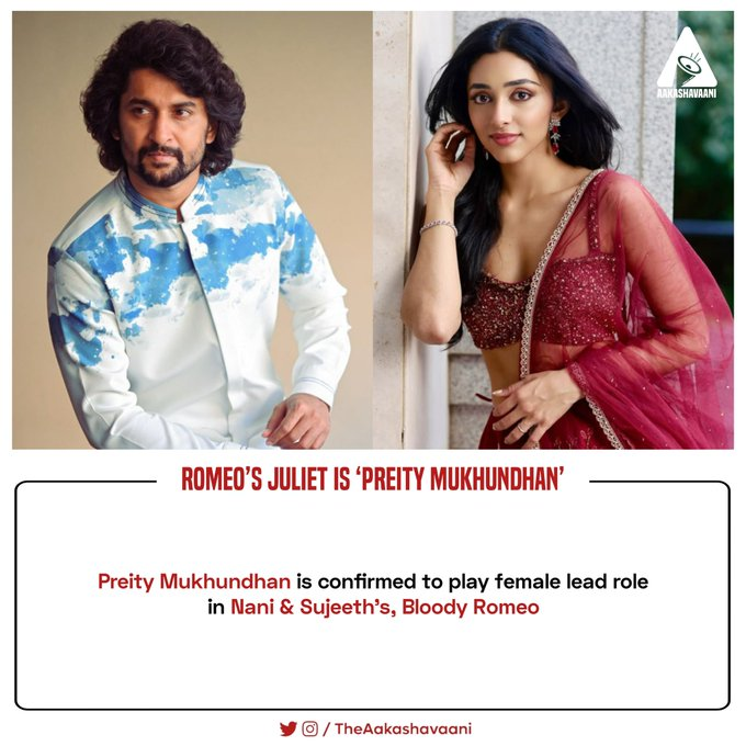 Theframefilms's tweet photo. A #FrameFilm Update:🎬

The actress @PreityMukundan as confirmed female lead pair in movie of @nani x @Sujeethsign of #Bloodyromeo 🔪

Shoots starts from October or November and Expecting for Summer2027 not confirmed https://t.co/F6TMNgv4wG